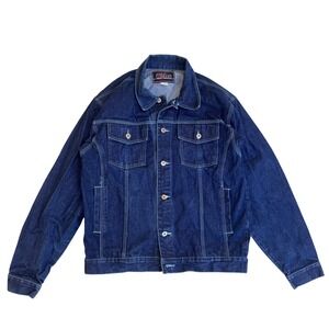 Vintage Y2K Webs Dark Wash Denim Trucker Jacket Blue Contrast Stitch Size L